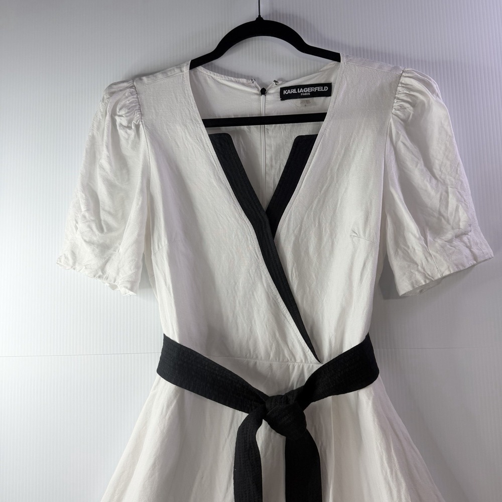 Karl Lagerfeld Paris Short Sleeve Belted A-Line Dress Size 12 Linen Blend White